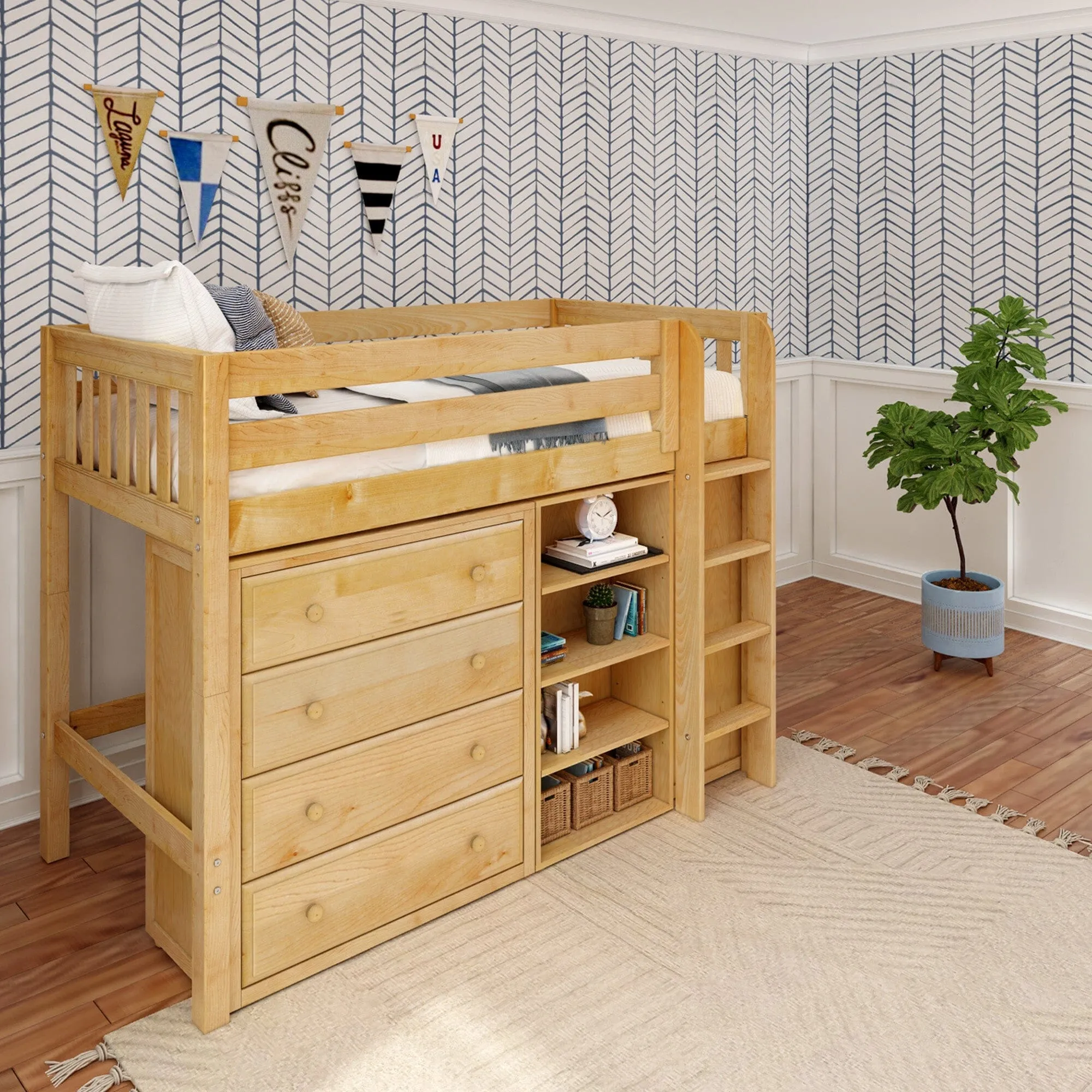 Twin Mid Straight Ladder Loft with Two 4 Drawer Dressers & Bookcase