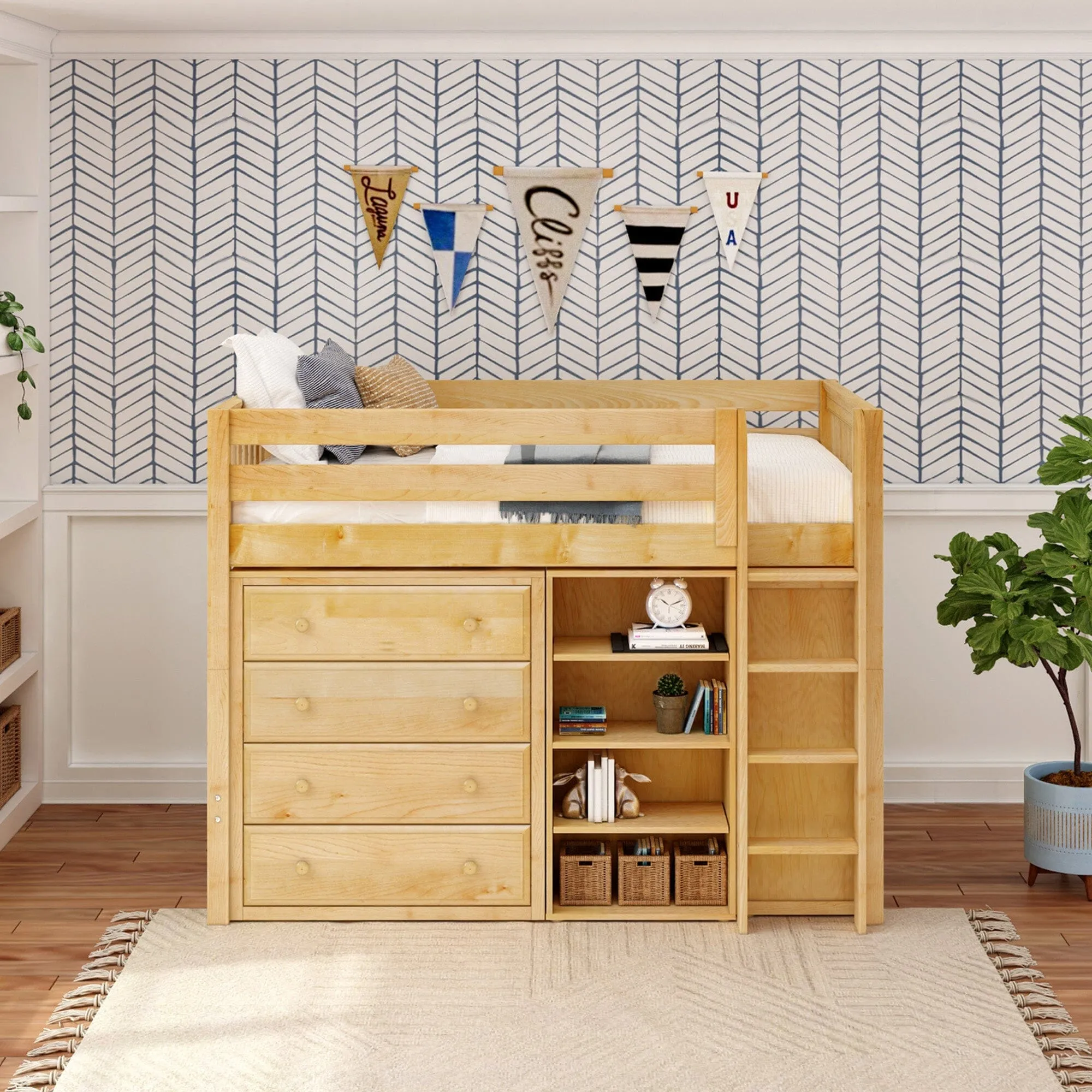 Twin Mid Straight Ladder Loft with Two 4 Drawer Dressers & Bookcase