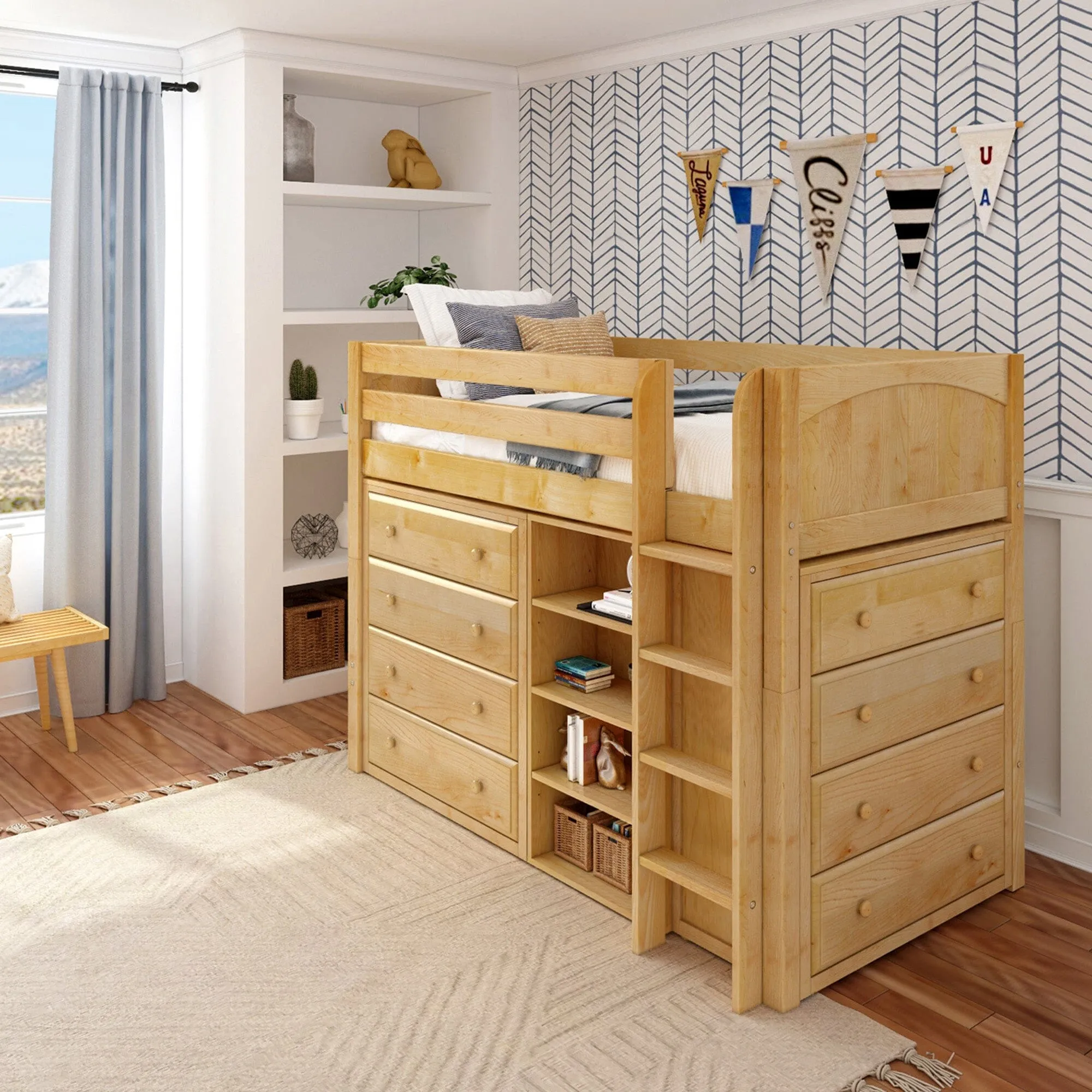 Twin Mid Straight Ladder Loft with Two 4 Drawer Dressers & Bookcase