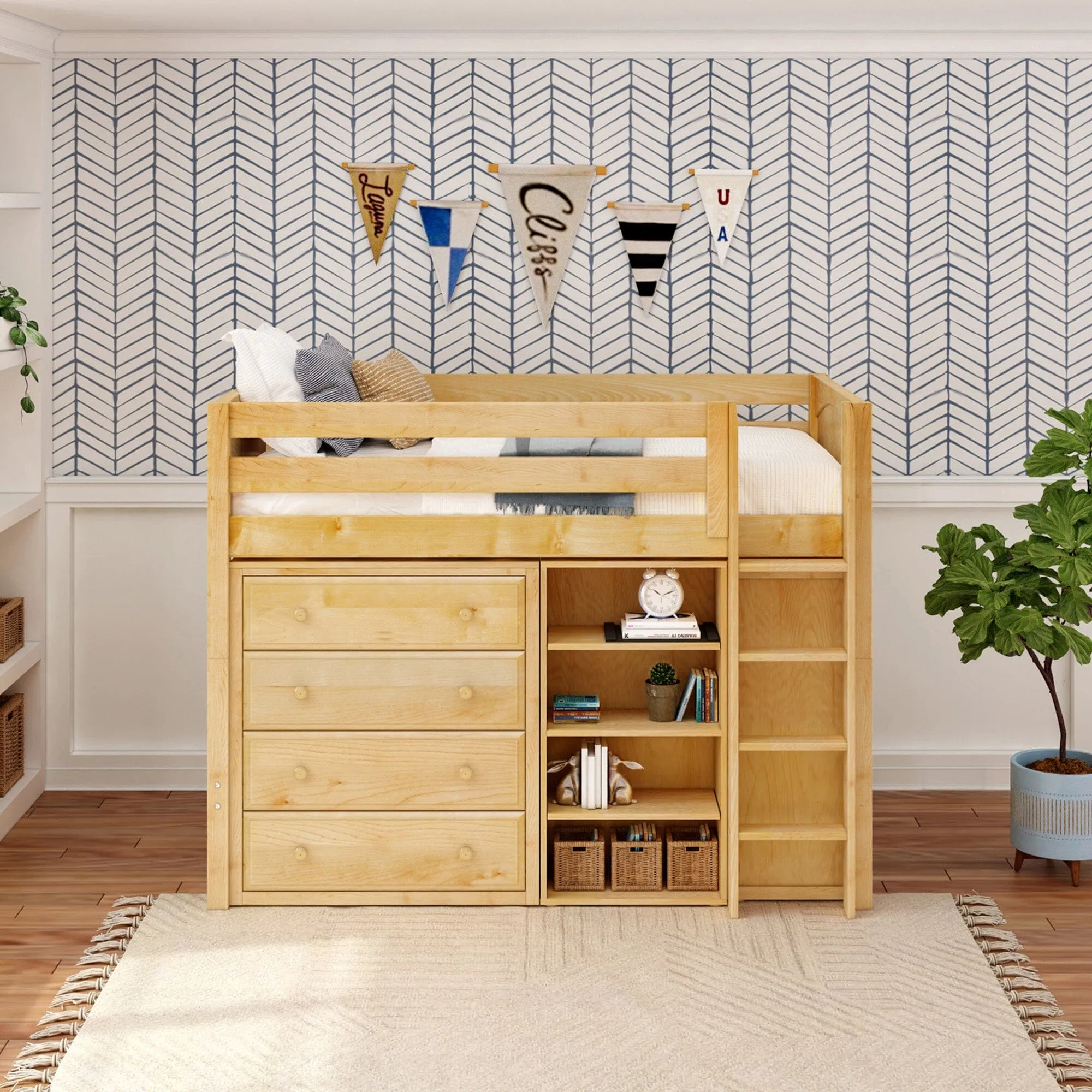 Twin Mid Straight Ladder Loft with Two 4 Drawer Dressers & Bookcase