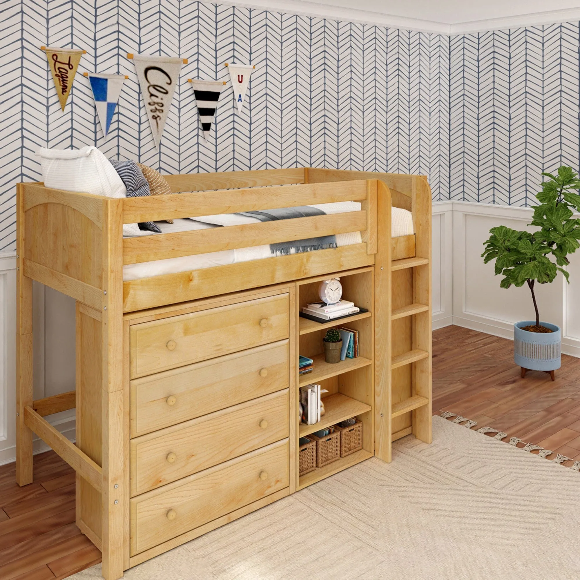 Twin Mid Straight Ladder Loft with Two 4 Drawer Dressers & Bookcase