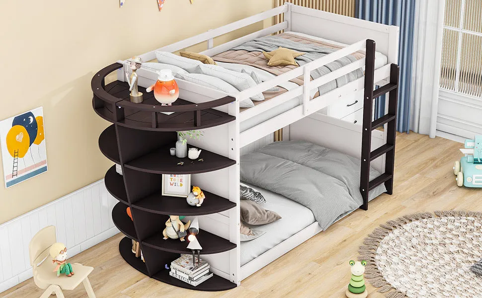 Twin over Twin Boat-Like Shape Bunk Bed with Storage Shelves, Cream Espresso
