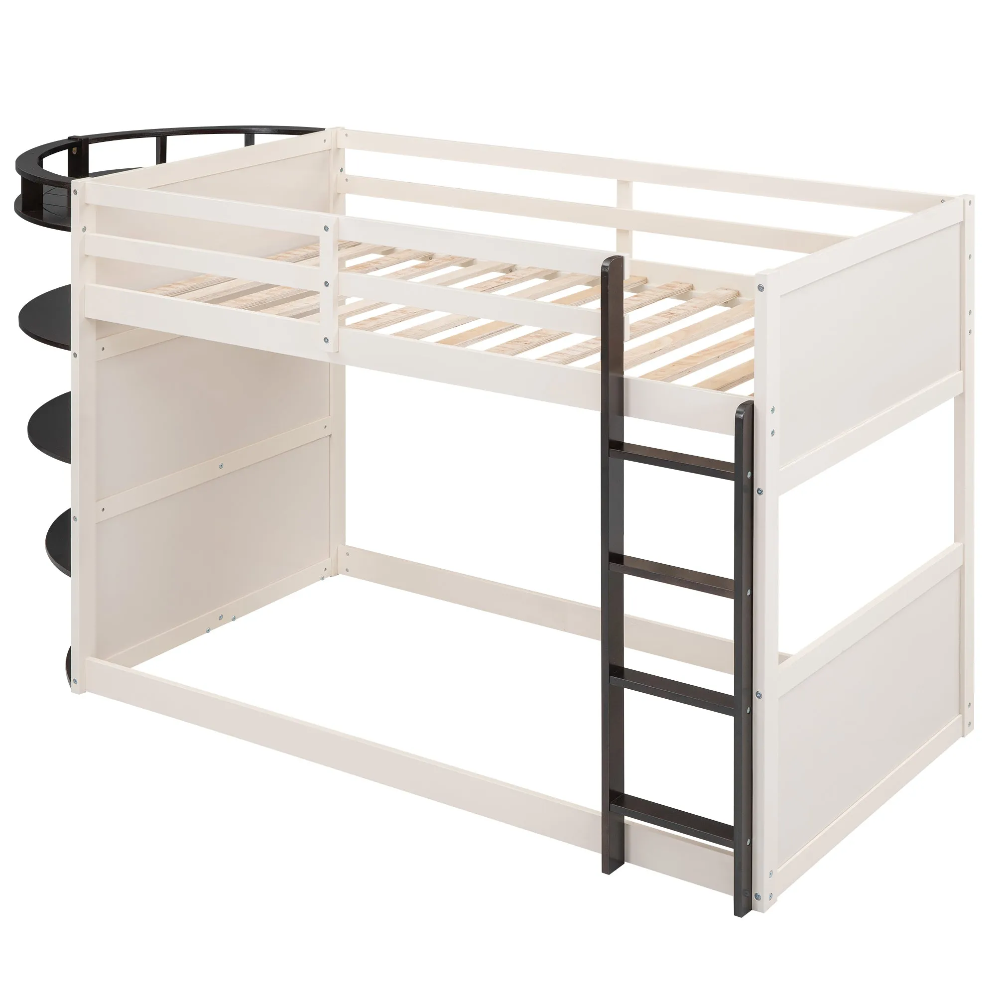 Twin over Twin Boat-Like Shape Bunk Bed with Storage Shelves, Cream Espresso