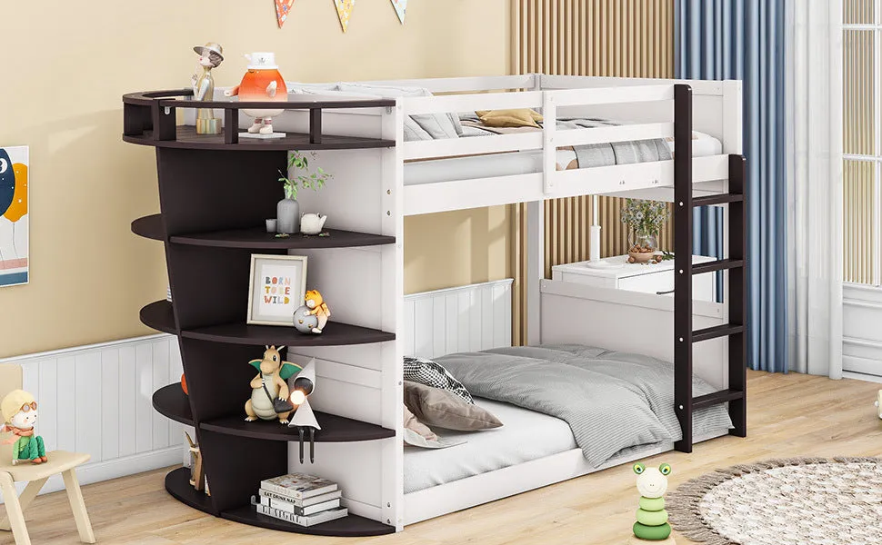 Twin over Twin Boat-Like Shape Bunk Bed with Storage Shelves, Cream Espresso