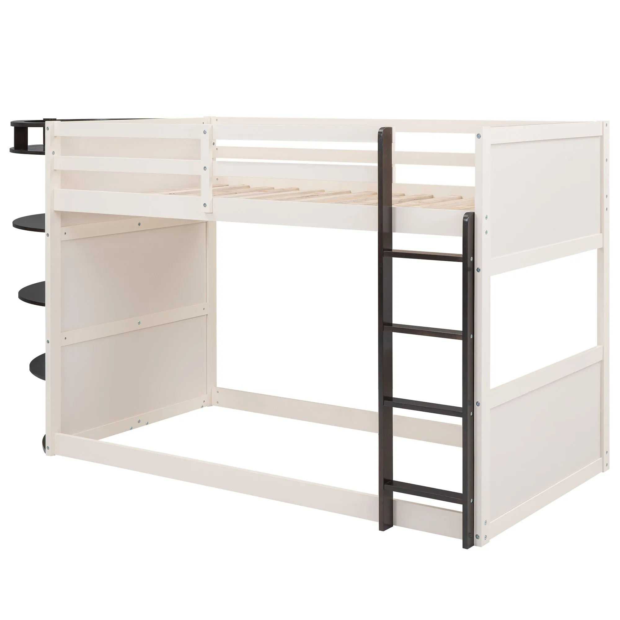 Twin over Twin Boat-Like Shape Bunk Bed with Storage Shelves, Cream Espresso