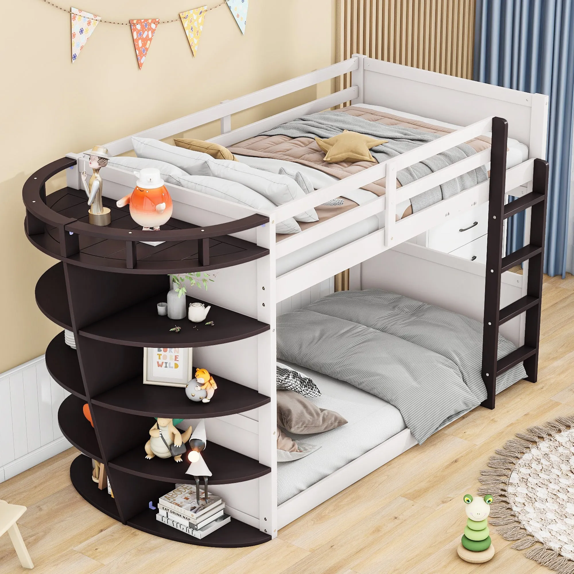 Twin over Twin Boat-Like Shape Bunk Bed with Storage Shelves, Cream Espresso
