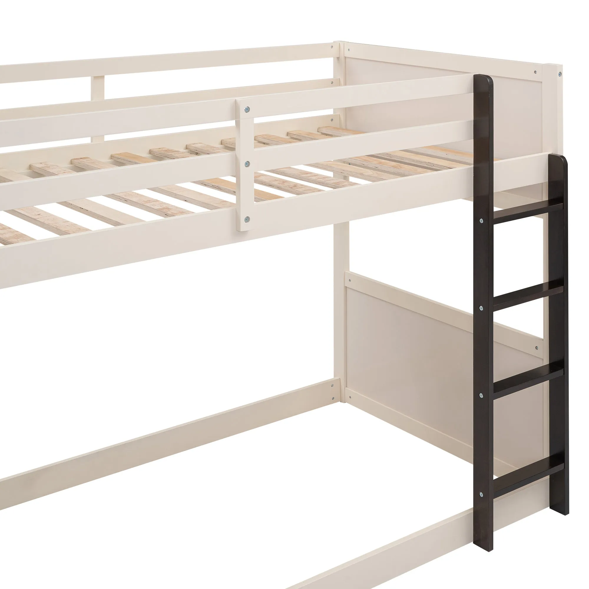 Twin over Twin Boat-Like Shape Bunk Bed with Storage Shelves, Cream Espresso