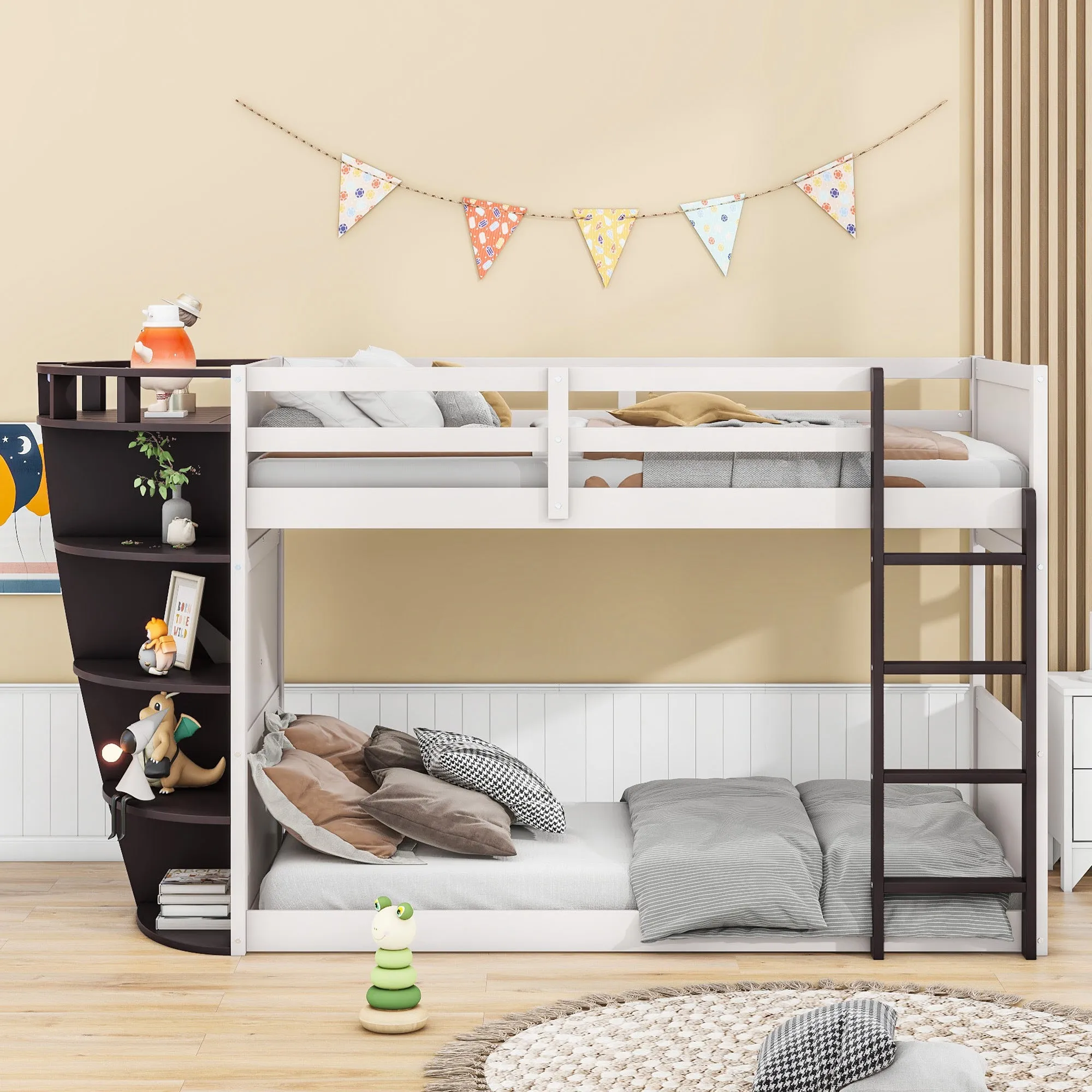 Twin over Twin Boat-Like Shape Bunk Bed with Storage Shelves, Cream Espresso