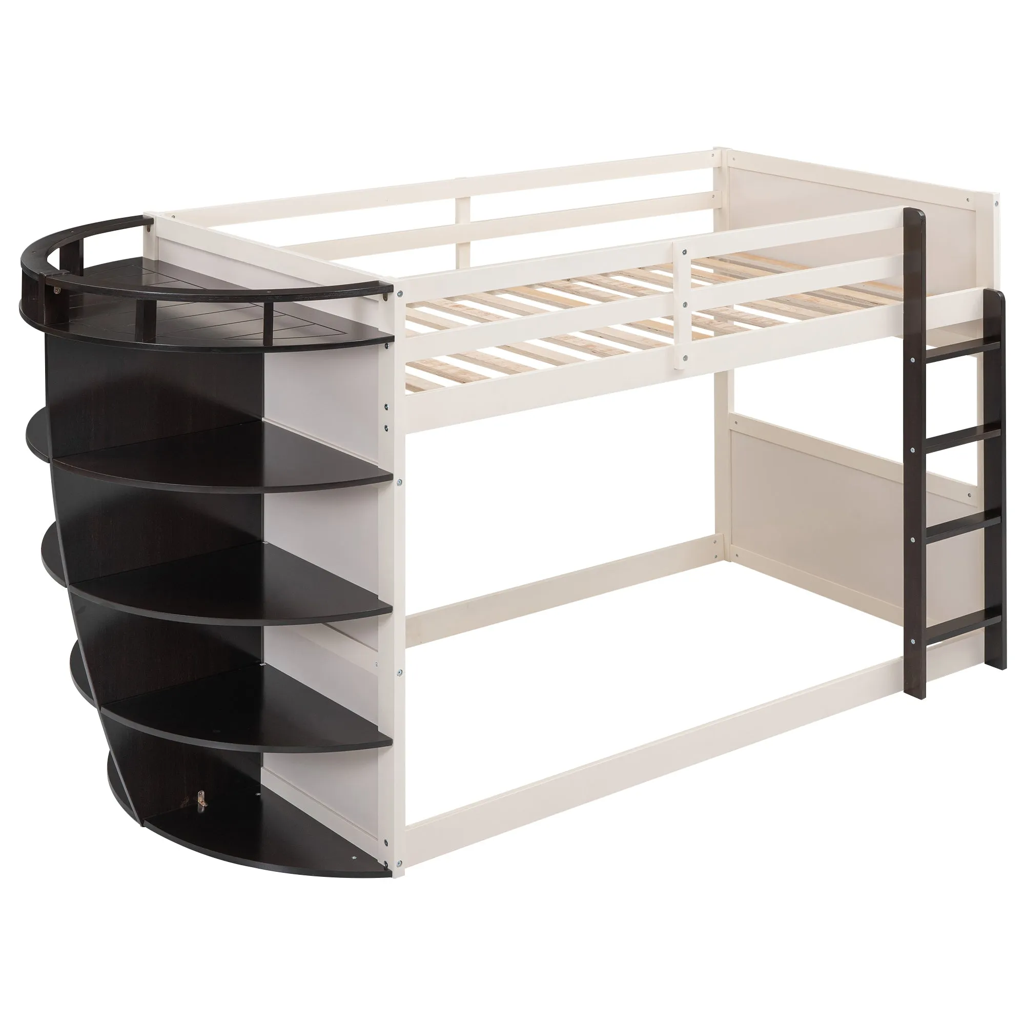 Twin over Twin Boat-Like Shape Bunk Bed with Storage Shelves, Cream Espresso