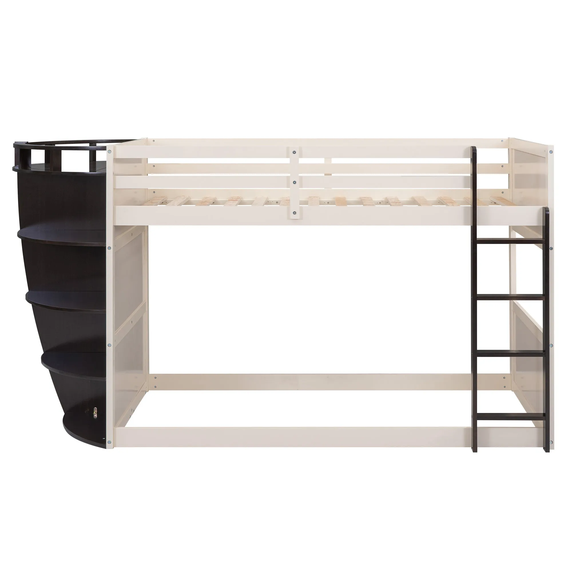 Twin over Twin Boat-Like Shape Bunk Bed with Storage Shelves, Cream Espresso