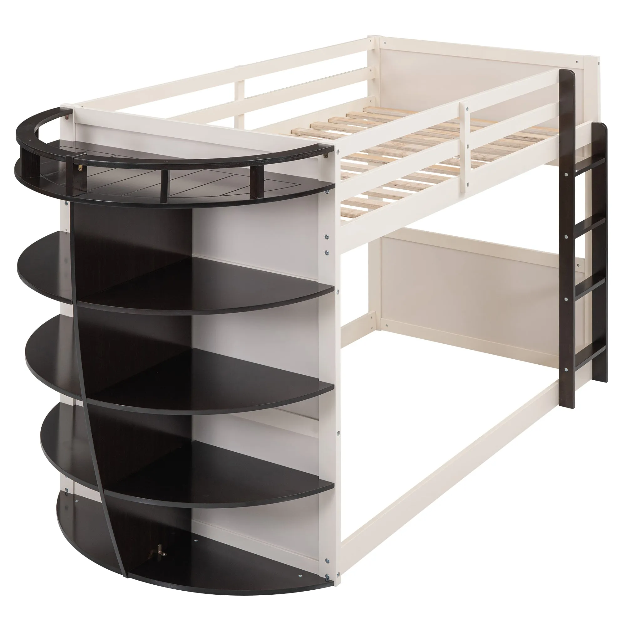 Twin over Twin Boat-Like Shape Bunk Bed with Storage Shelves, Cream Espresso