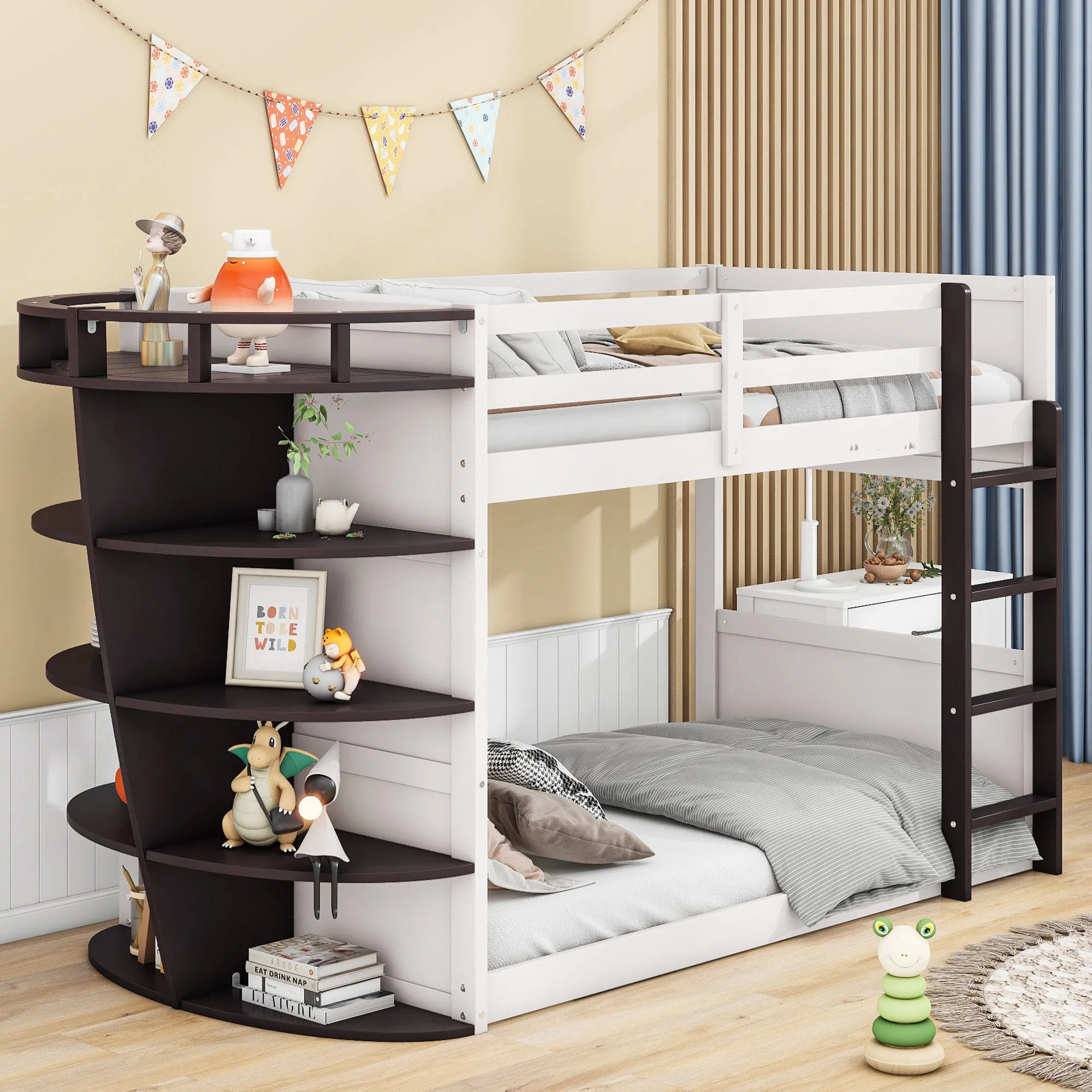 Twin over Twin Boat-Like Shape Bunk Bed with Storage Shelves, Cream Espresso
