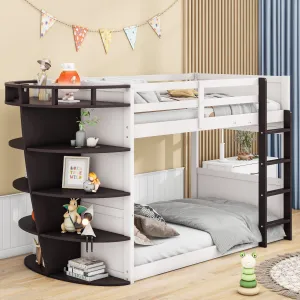 Twin over Twin Boat-Like Shape Bunk Bed with Storage Shelves, Cream Espresso