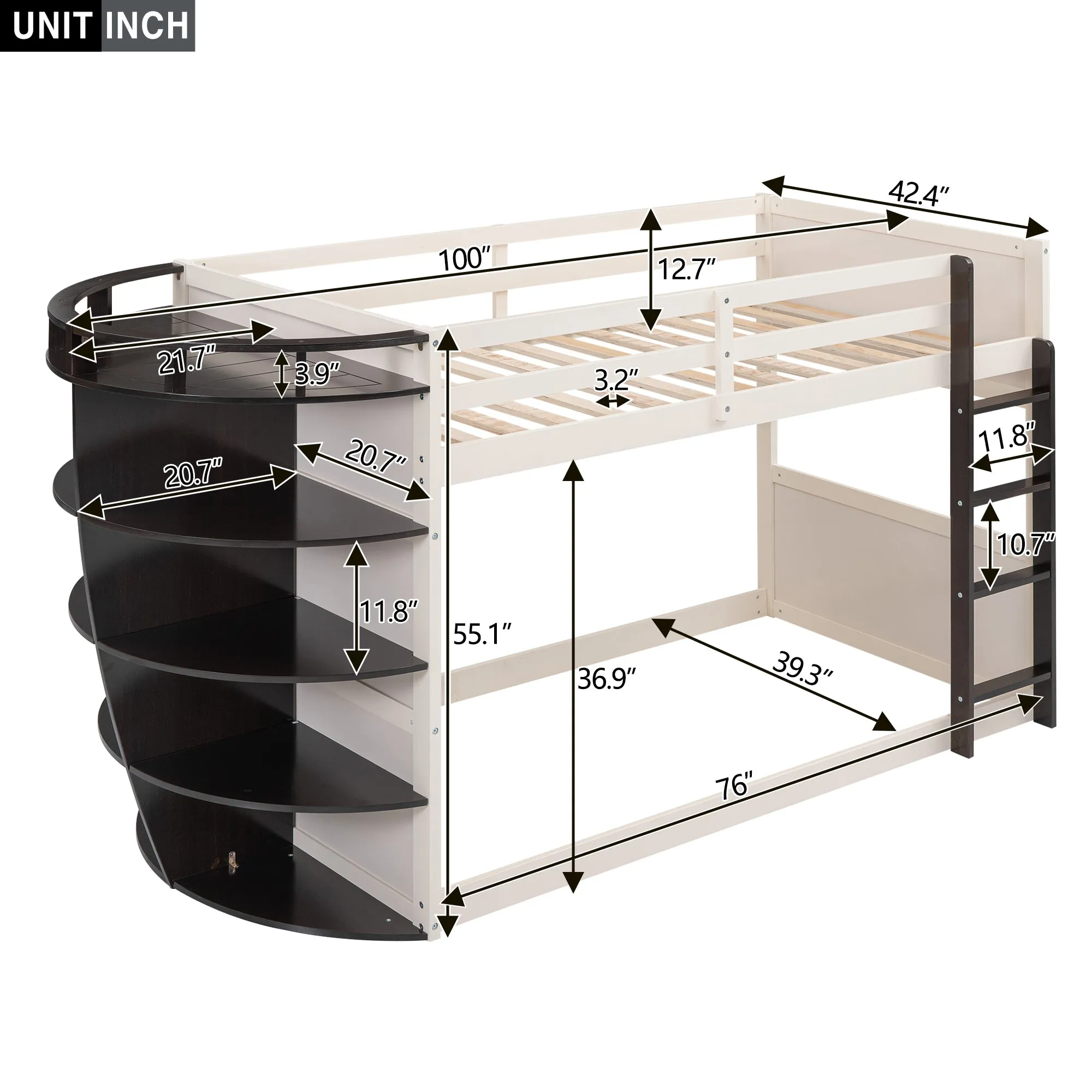 Twin over Twin Boat-Like Shape Bunk Bed with Storage Shelves, Cream Espresso