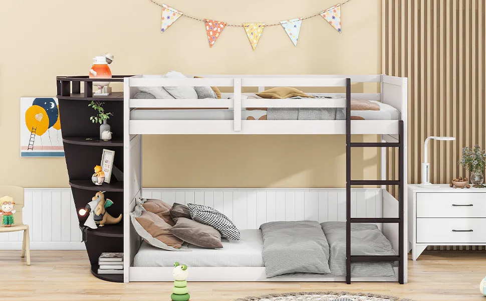 Twin over Twin Boat-Like Shape Bunk Bed with Storage Shelves, Cream Espresso