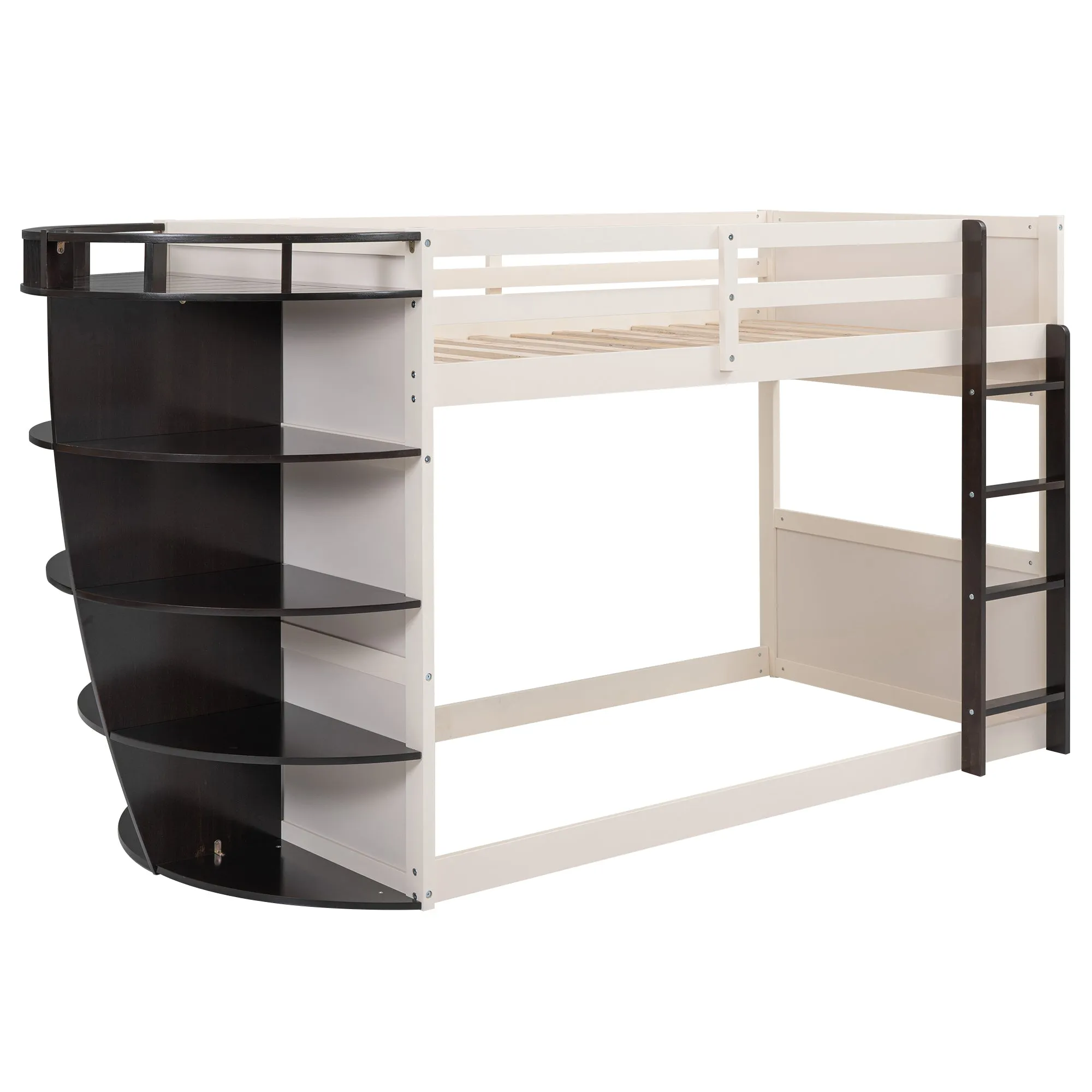 Twin over Twin Boat-Like Shape Bunk Bed with Storage Shelves, Cream Espresso