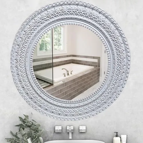 UPZING DECOR Wooden Wall Mirror | Wall Hanging | Wall Mounted | Wall Decor | for Living Room | Bedroom | Office | (36"x36" Inch) (Grey)