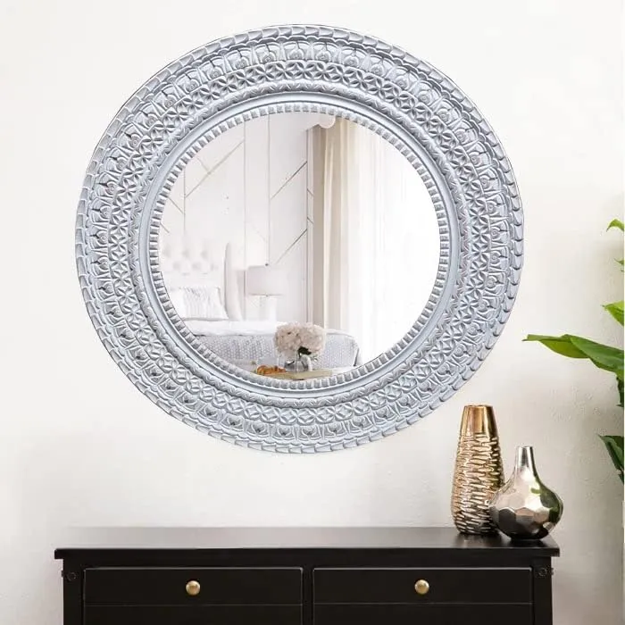 UPZING DECOR Wooden Wall Mirror | Wall Hanging | Wall Mounted | Wall Decor | for Living Room | Bedroom | Office | (36"x36" Inch) (Grey)