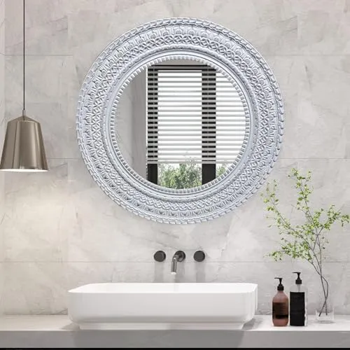 UPZING DECOR Wooden Wall Mirror | Wall Hanging | Wall Mounted | Wall Decor | for Living Room | Bedroom | Office | (36"x36" Inch) (Grey)