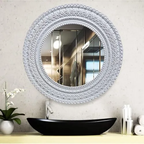 UPZING DECOR Wooden Wall Mirror | Wall Hanging | Wall Mounted | Wall Decor | for Living Room | Bedroom | Office | (36"x36" Inch) (Grey)