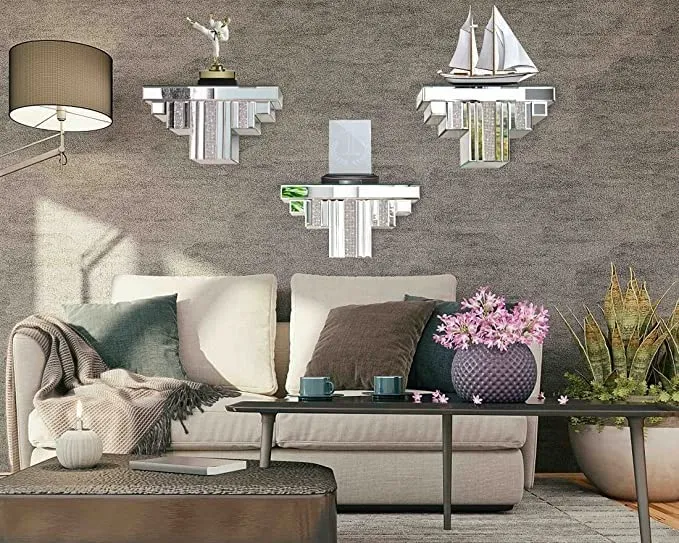 VENETIAN IMAGE Floating Wall Shelf Mirrored, Silver Mirror Crushed Diamond Decorative Wall Shelf for Home Decoration Crystal Diamond Wall Art (20x8x10)