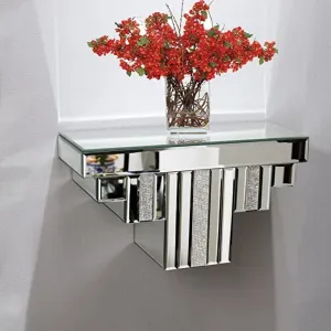 VENETIAN IMAGE Floating Wall Shelf Mirrored, Silver Mirror Crushed Diamond Decorative Wall Shelf for Home Decoration Crystal Diamond Wall Art (20x8x10)