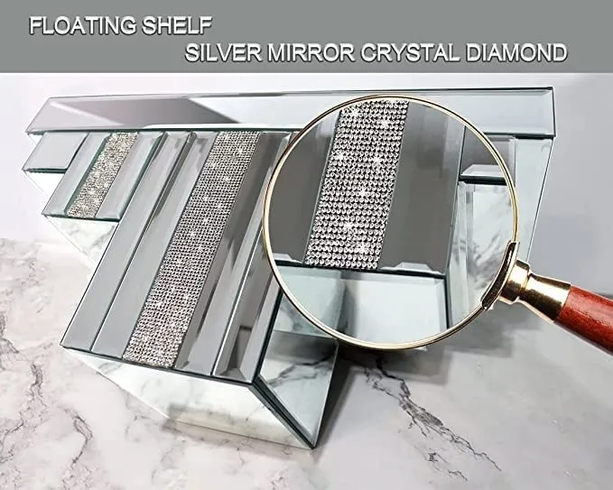 VENETIAN IMAGE Floating Wall Shelf Mirrored, Silver Mirror Crushed Diamond Decorative Wall Shelf for Home Decoration Crystal Diamond Wall Art (20x8x10)