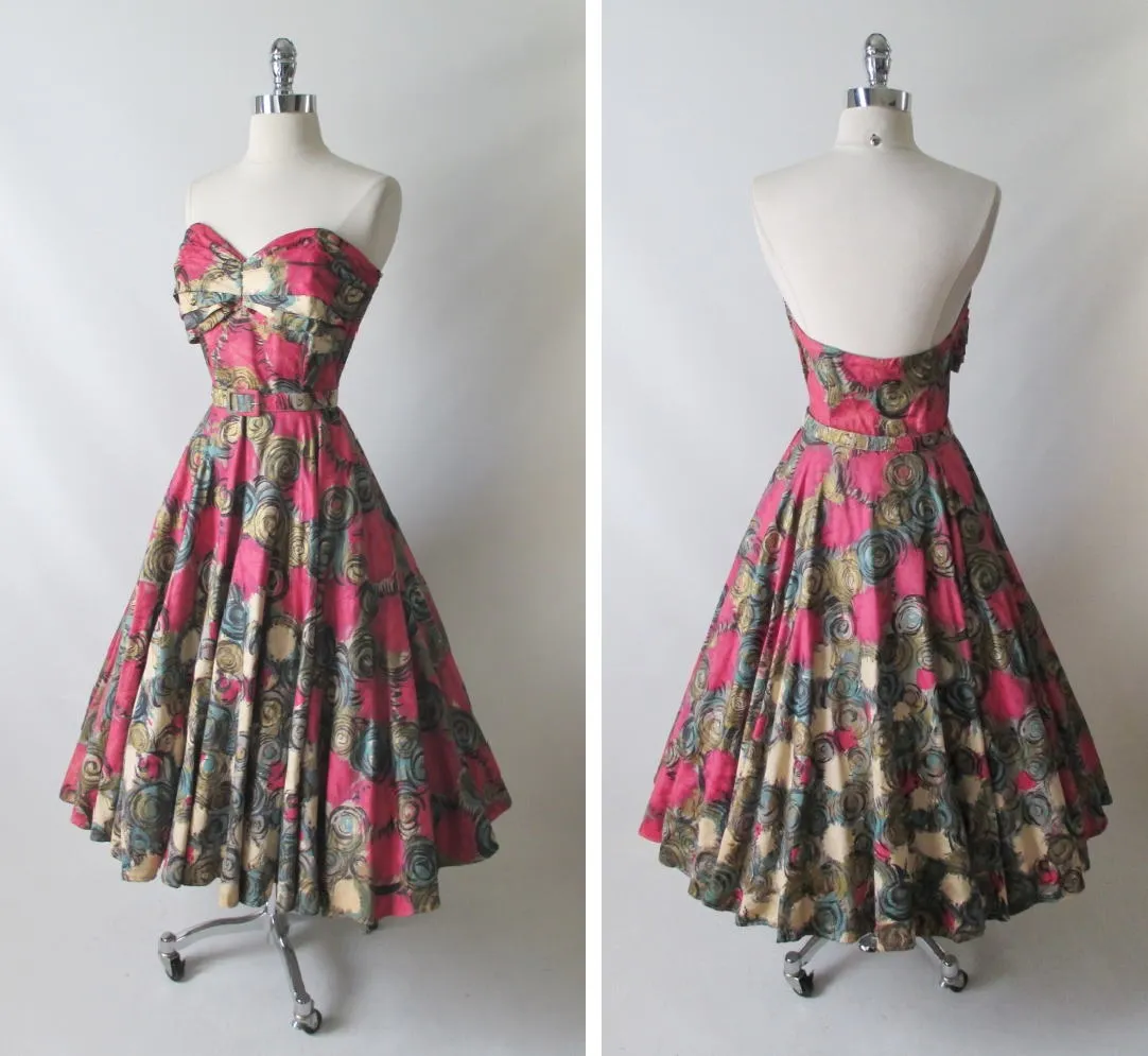 Vintage 50's Handpainted Gold Pink Flower Strapless Full Circle Skirt Dress S