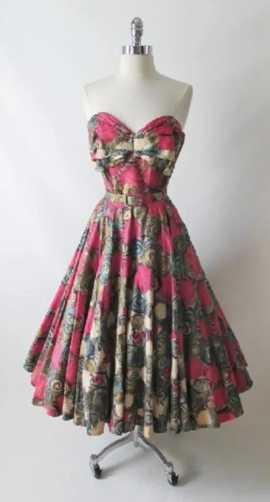 Vintage 50's Handpainted Gold Pink Flower Strapless Full Circle Skirt Dress S