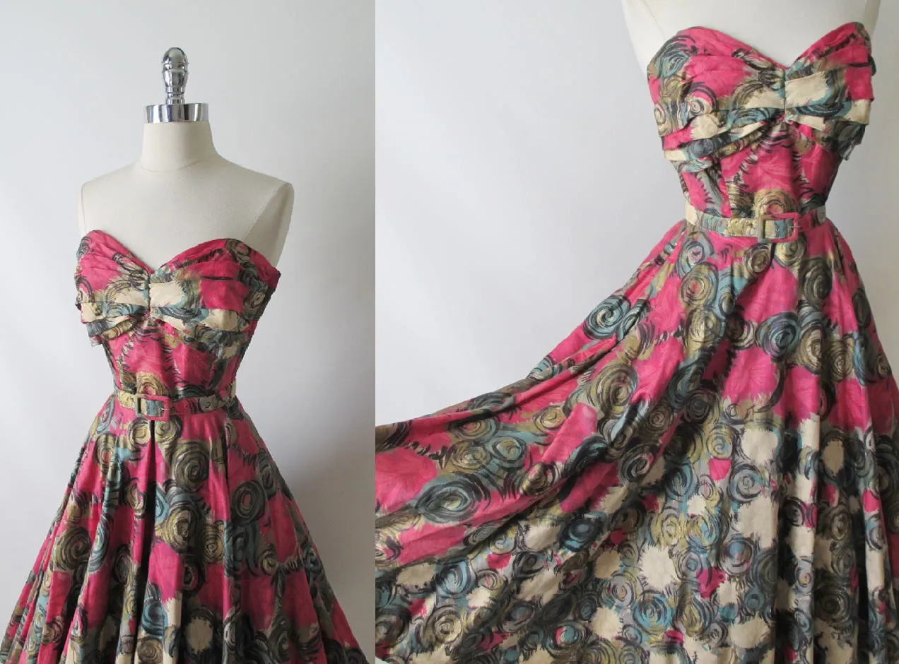 Vintage 50's Handpainted Gold Pink Flower Strapless Full Circle Skirt Dress S