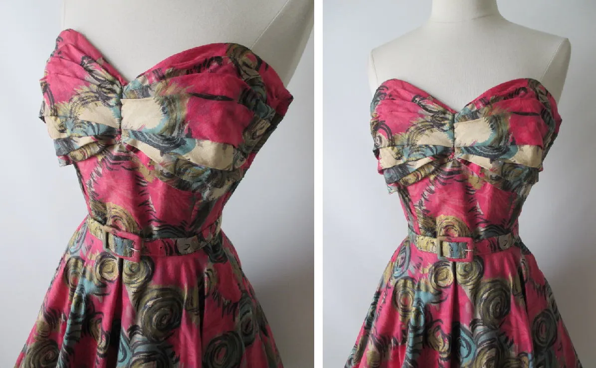 Vintage 50's Handpainted Gold Pink Flower Strapless Full Circle Skirt Dress S