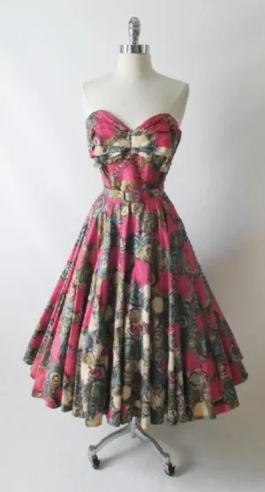 Vintage 50's Handpainted Gold Pink Flower Strapless Full Circle Skirt Dress S
