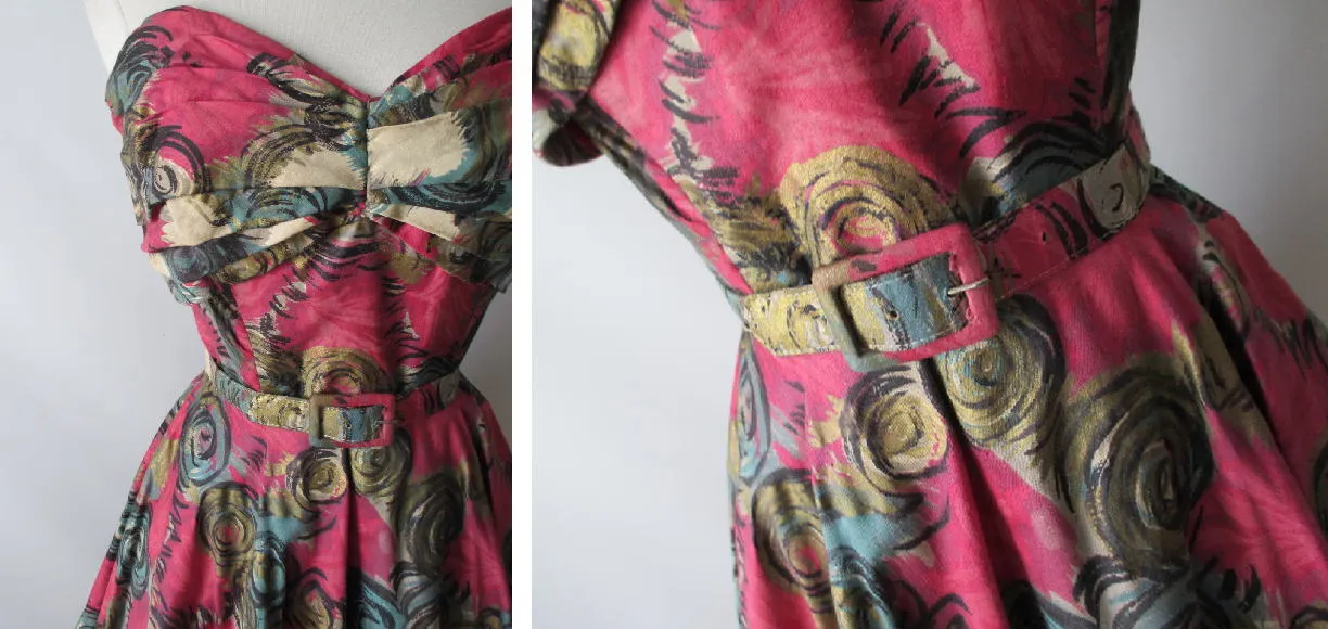 Vintage 50's Handpainted Gold Pink Flower Strapless Full Circle Skirt Dress S