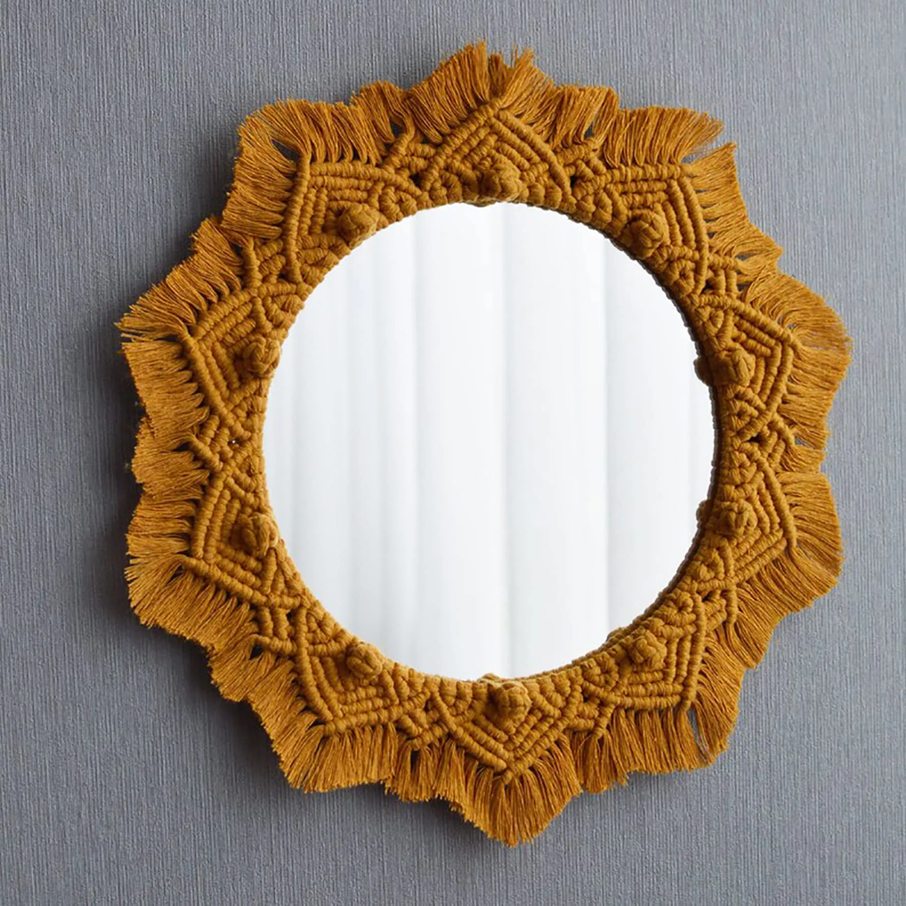 Waterlily House - Wall Hanging Macrame Mirror, Macrame Wall Mirror, Macrame Hanging Fringe, with Fringe, Round Wall Mirror for Home Decorative Purpose. (Mirror - 16 in)