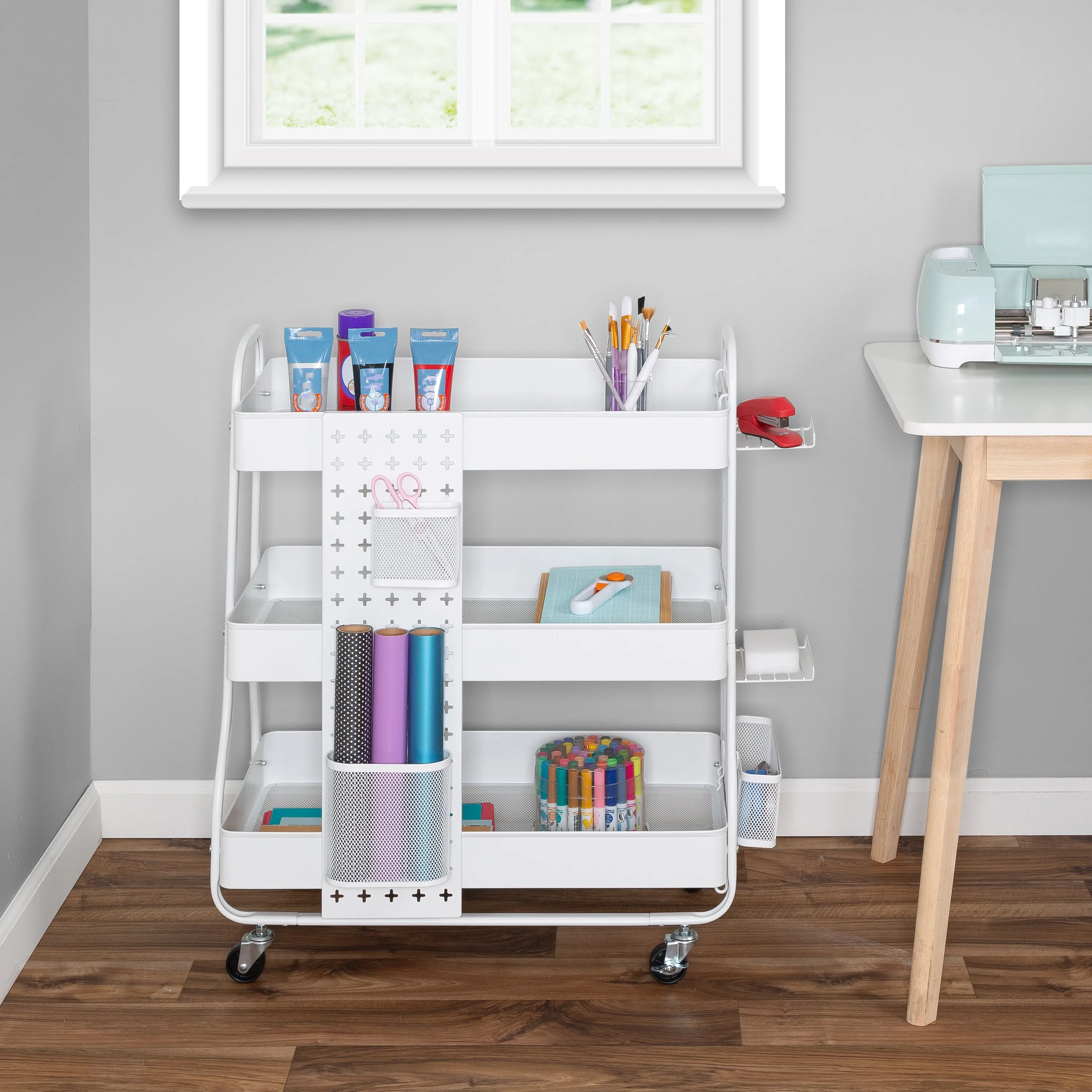 White Steel Rolling 2-in-1 Craft Storage Cart