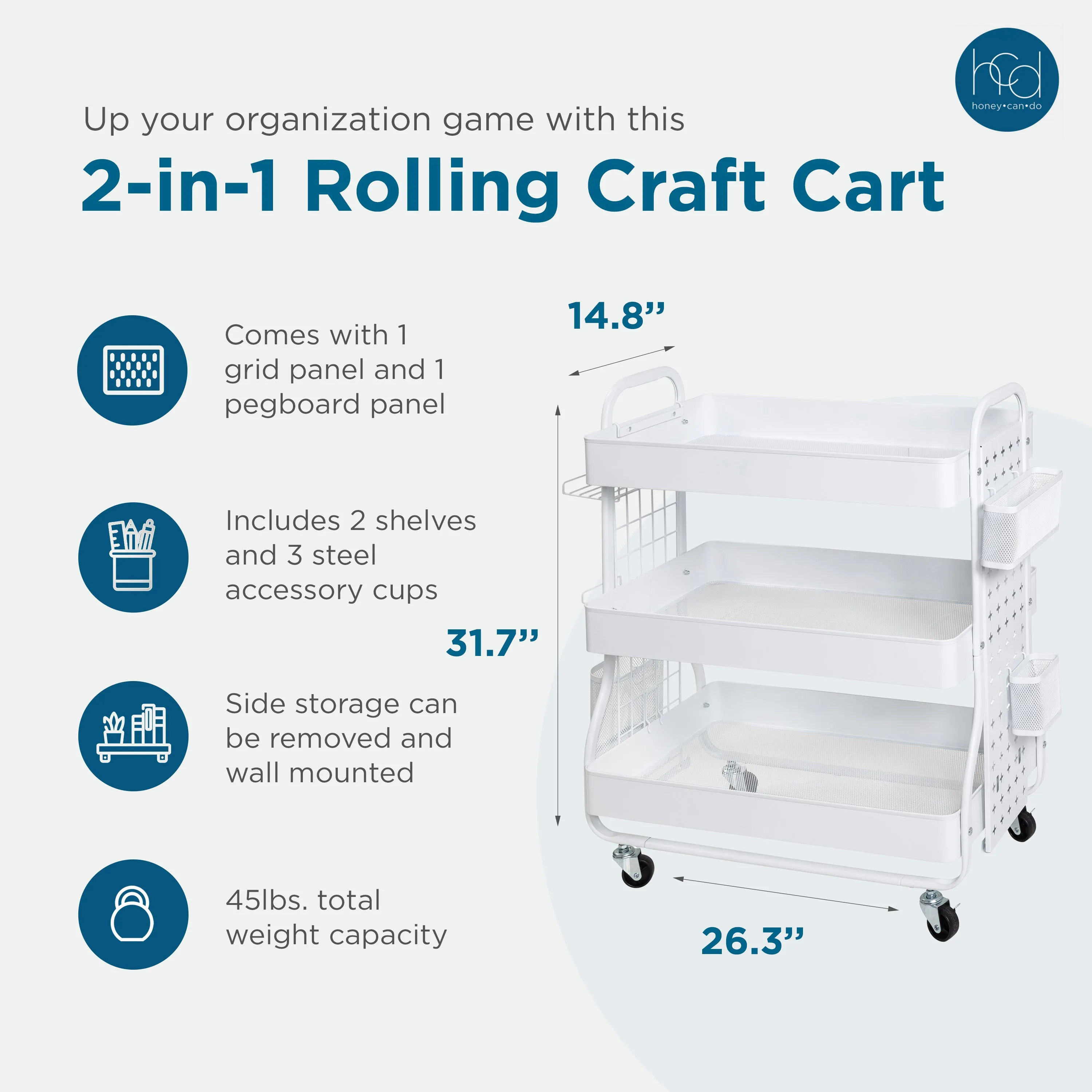 White Steel Rolling 2-in-1 Craft Storage Cart