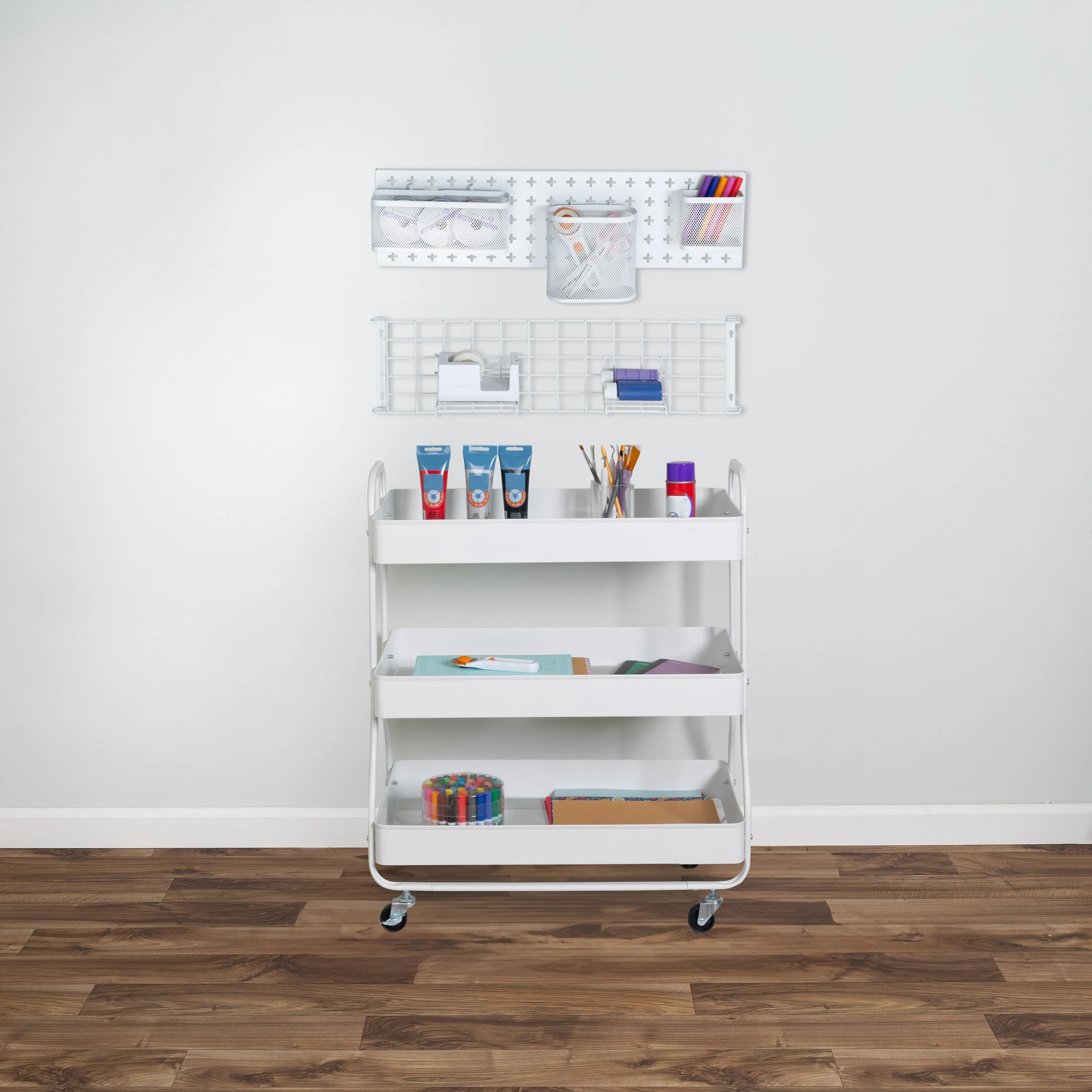 White Steel Rolling 2-in-1 Craft Storage Cart