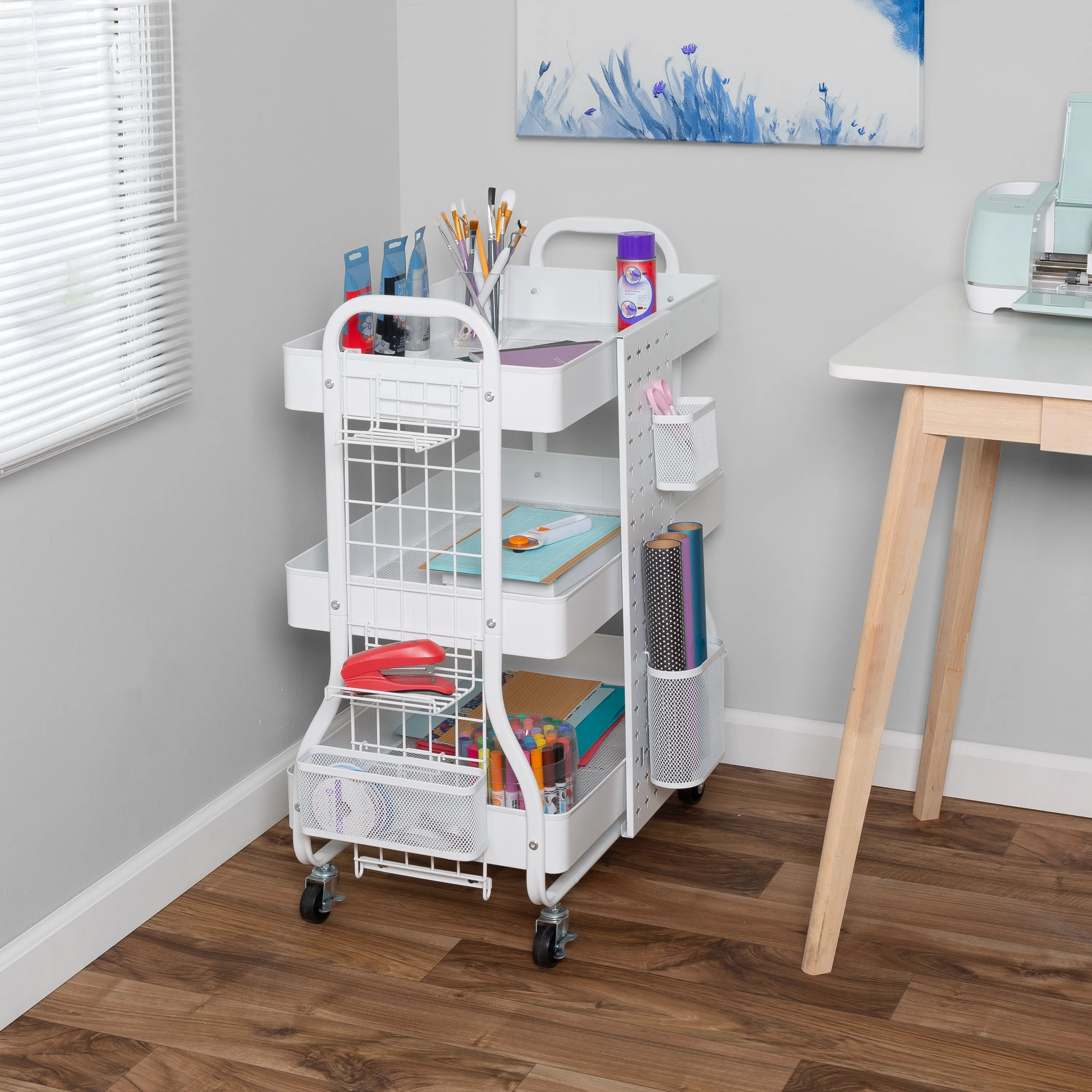 White Steel Rolling 2-in-1 Craft Storage Cart