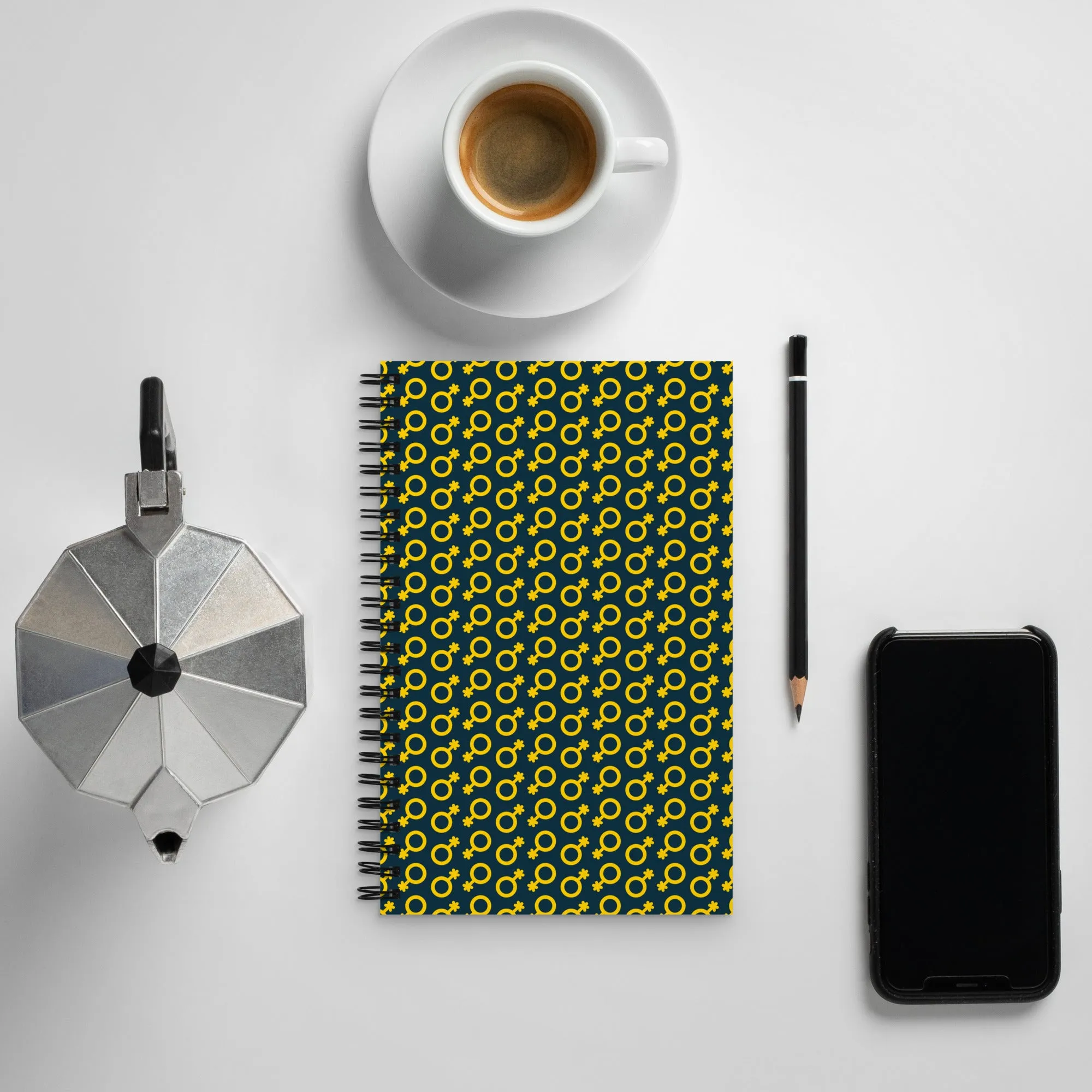 Yellow and Blue Non-Binary Symbol Pattern Spiral Notebook