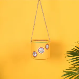 Yellow Warli Terracotta Hanging Planter (5 x 5 in)