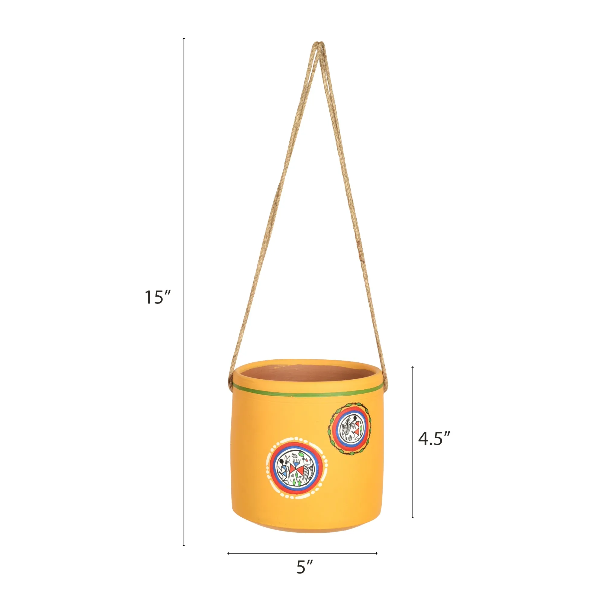 Yellow Warli Terracotta Hanging Planter (5 x 5 in)
