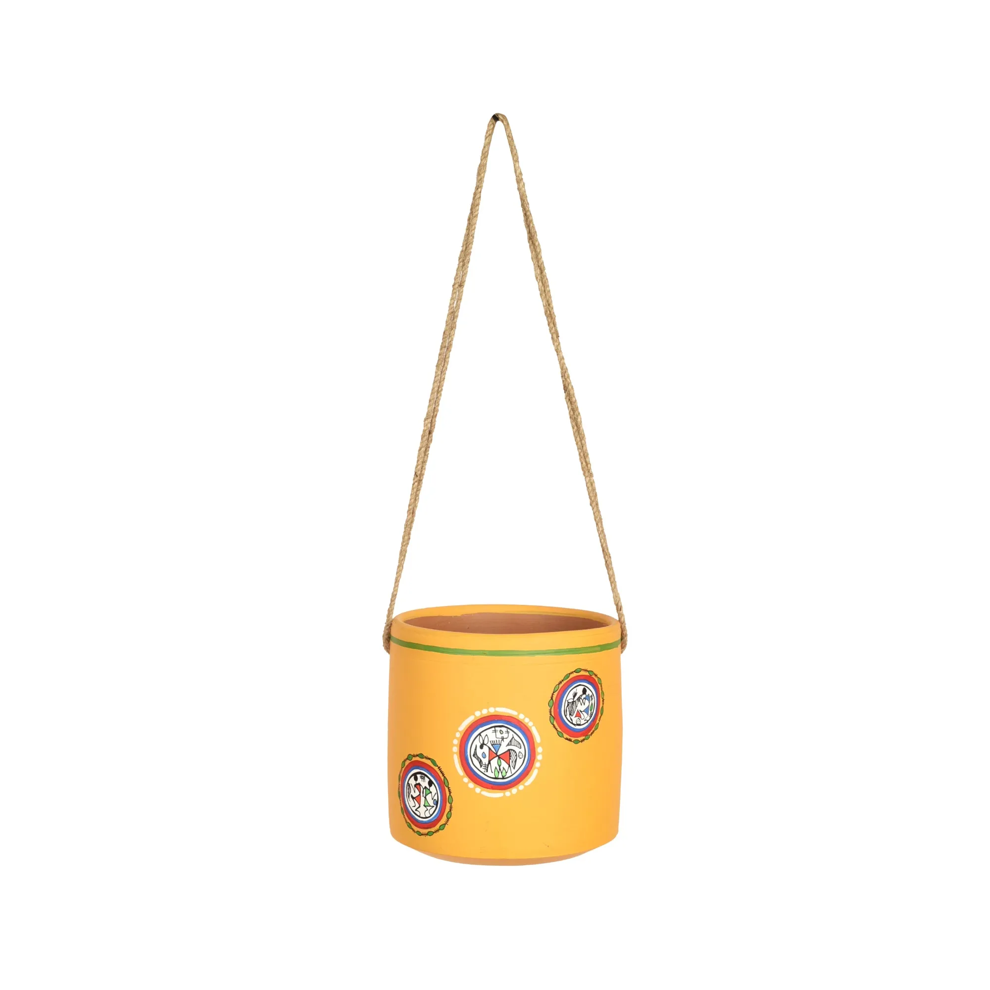 Yellow Warli Terracotta Hanging Planter (5 x 5 in)