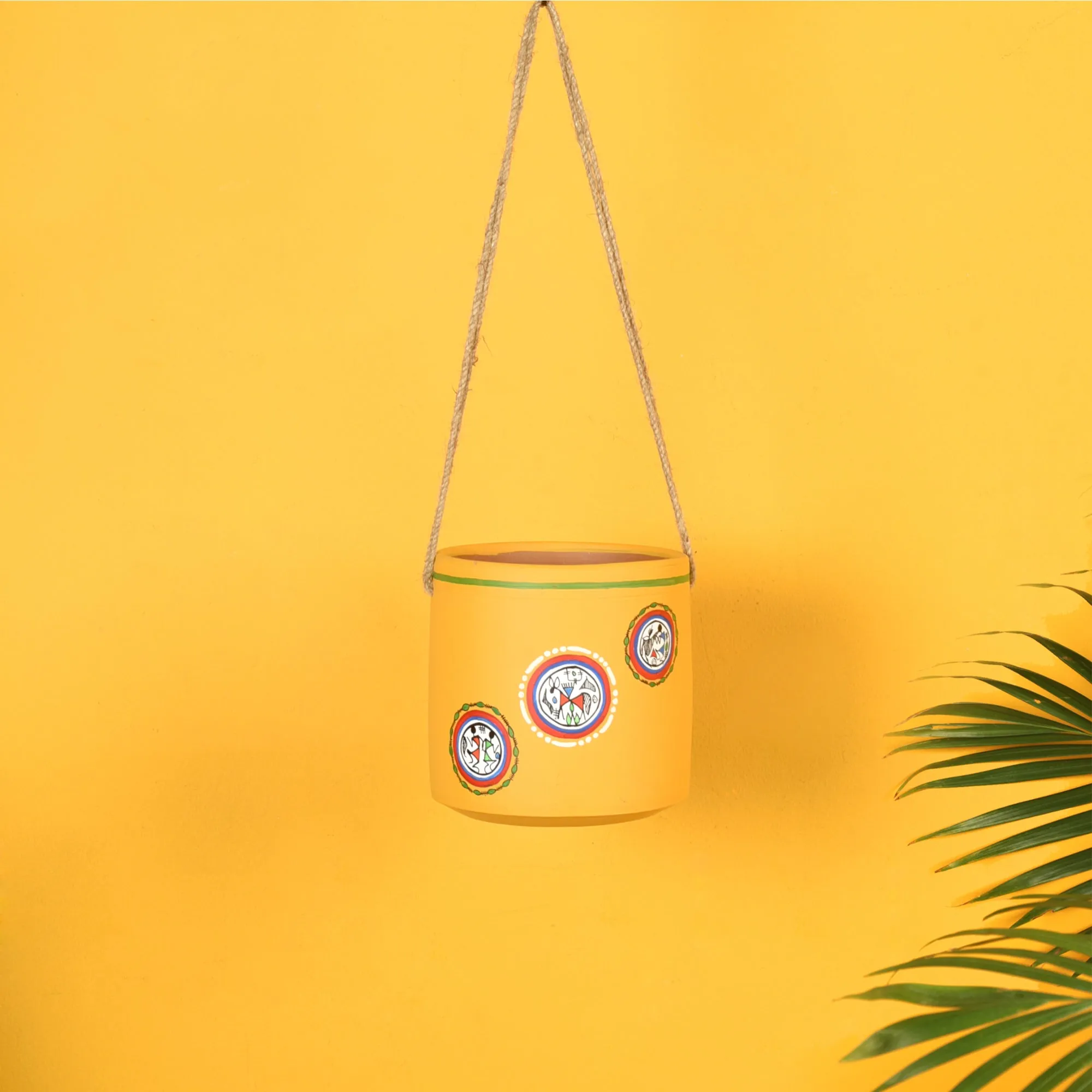 Yellow Warli Terracotta Hanging Planter (5 x 5 in)